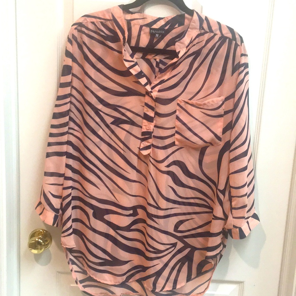 Semi-Sheer Chiffon Top, Peach & Black Zebra Print Roll Sleeves